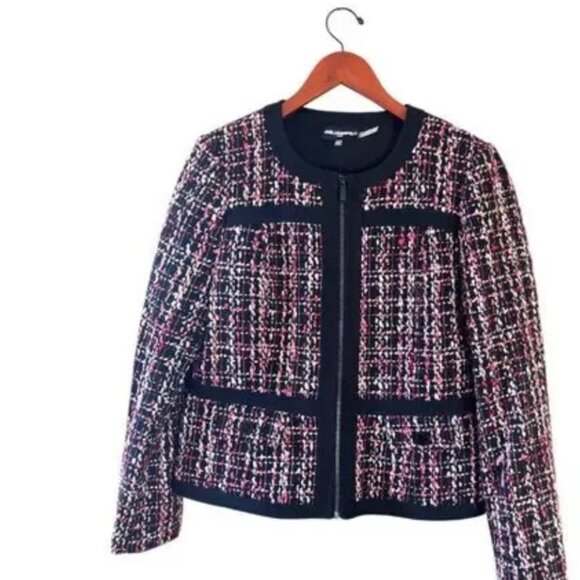 Karl Lagerfeld Paris Women Pink Black Tweed Jacket Size 8 Multicolor ZIp Up - Picture 1 of 10